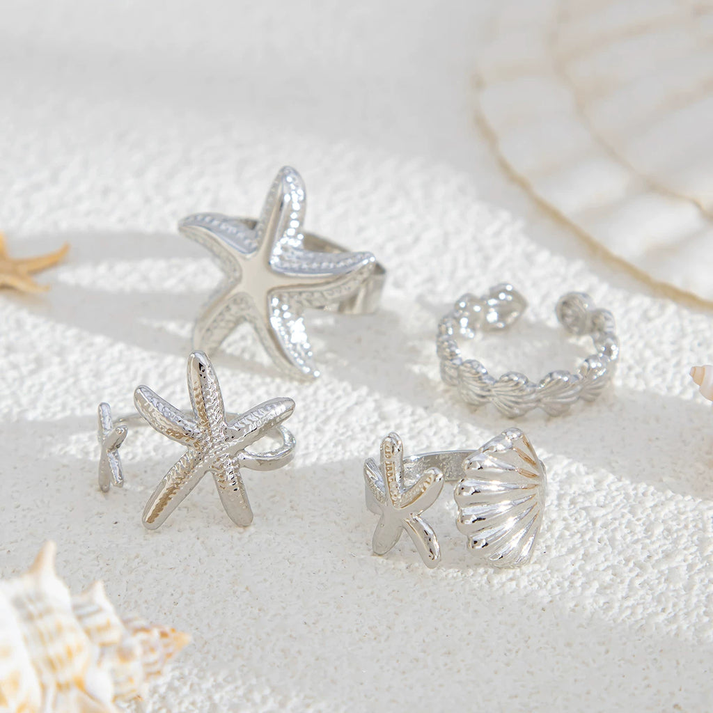 4-Piece Starfish Scallop Ring Set, European And American Summer Trendy Design, Fashionable Seaside Travel And Vacation Matching Accessories