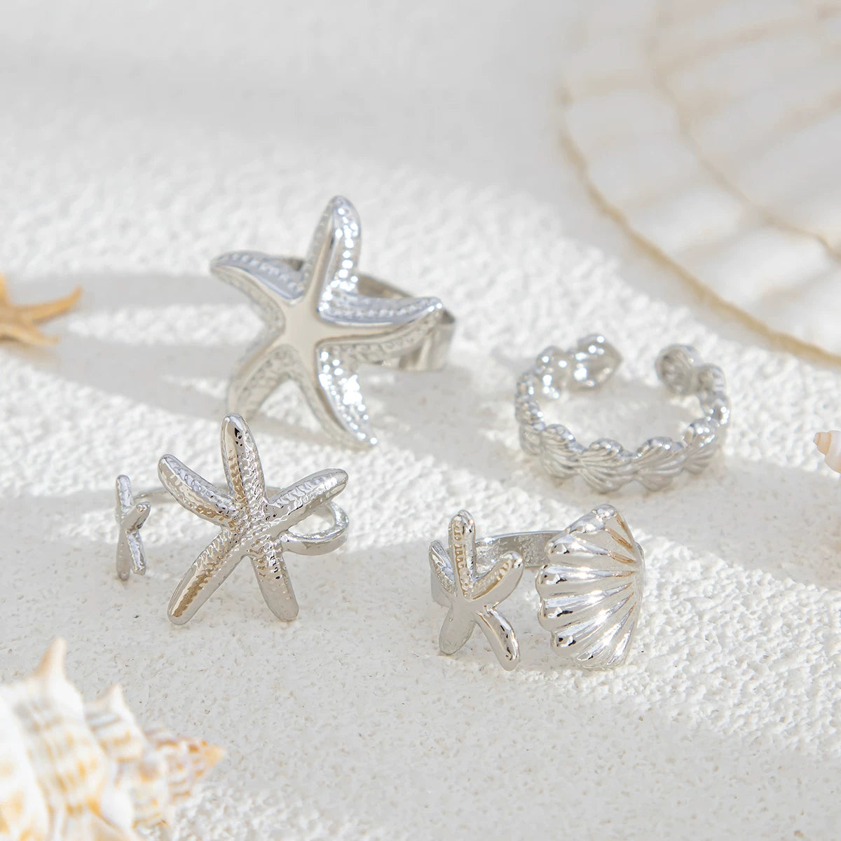 4-Piece Starfish Scallop Ring Set, European And American Summer Trendy Design, Fashionable Seaside Travel And Vacation Matching Accessories