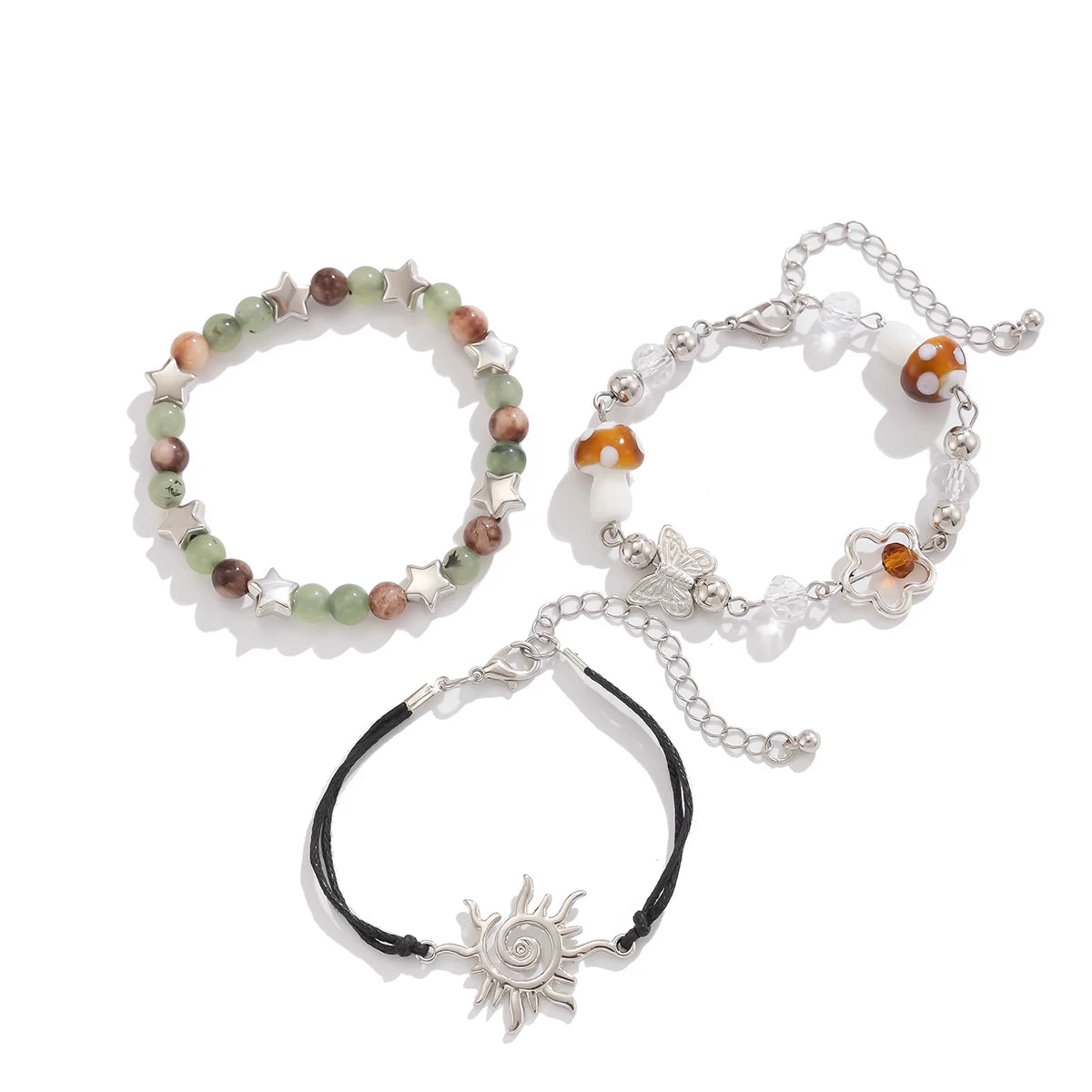 3-Piece Mushroom Crystal-Style Leather Wax Cord Bracelet Set – Summer Retro Stacking Hand Jewelry for Women