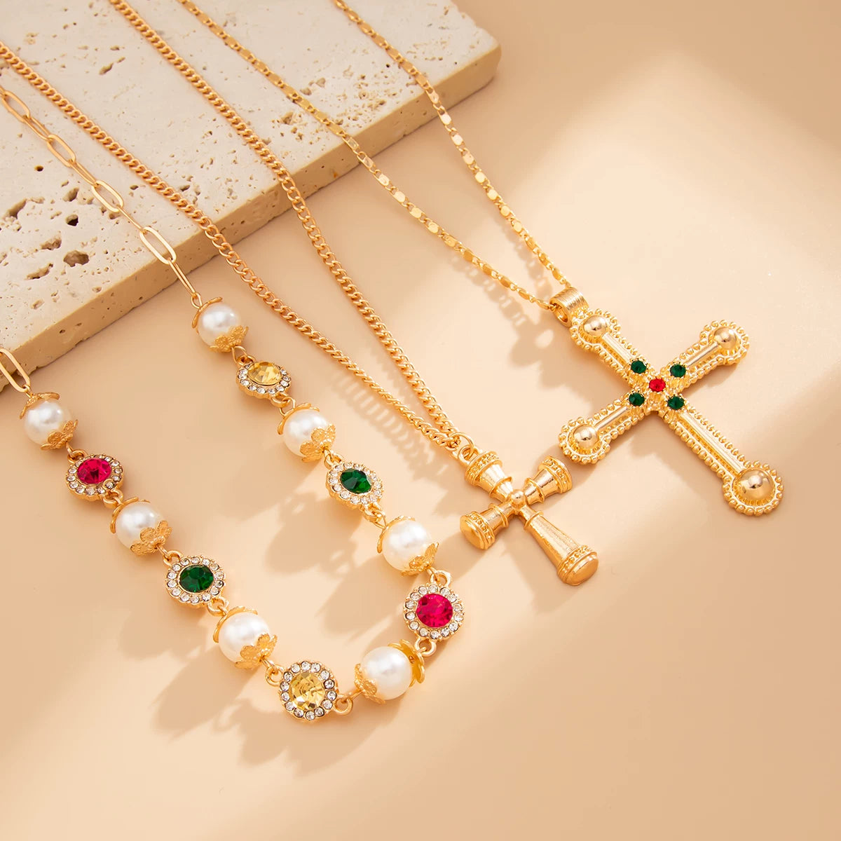 3-Piece Diamond-Style Cross Necklace Set for Women – Layered Clavicle Chain Design