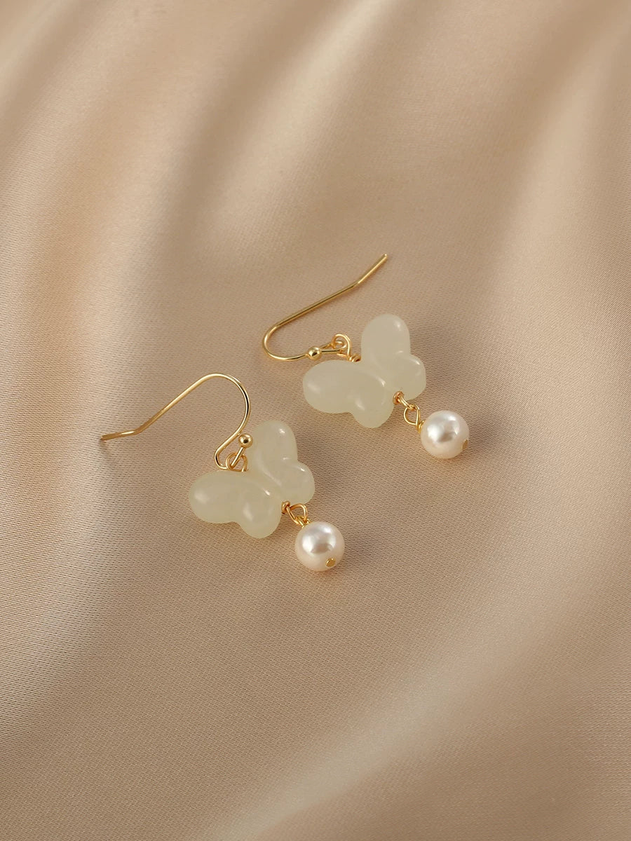 Natural Pearl Butterfly Field Jade Ear Hook Earrings for Women – 925 Silver Needle Summer Style Earrings