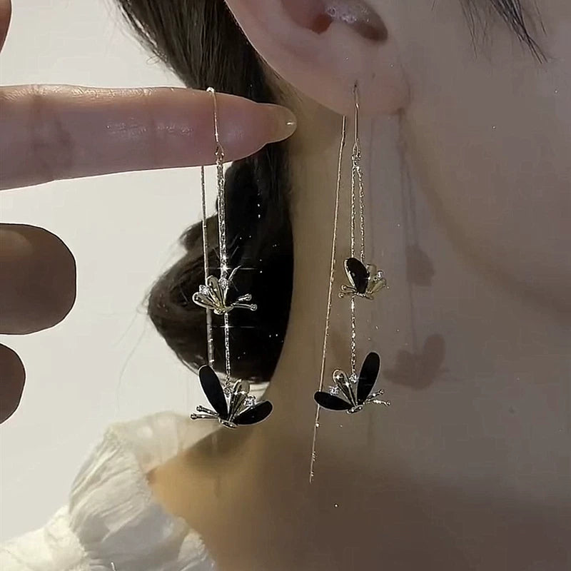 S925 Silver Needle Long Butterfly Flower Earrings for Women – Black Drop Earrings, Lightweight Fashion Jewelry