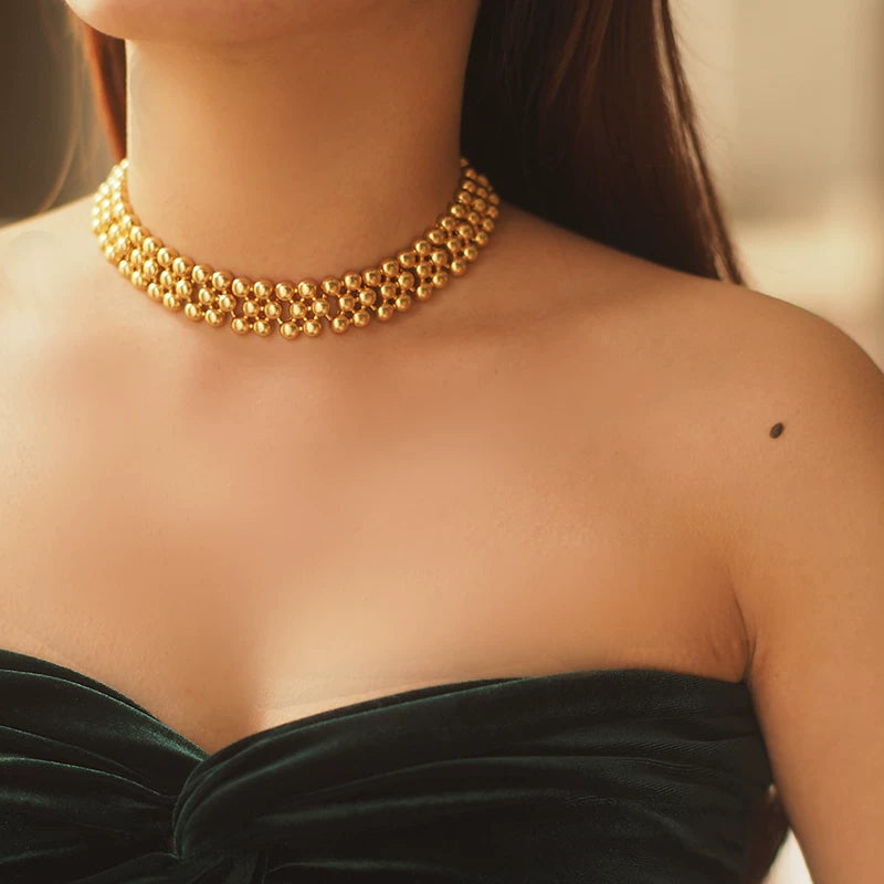 Fanhua G Family Gold Beads Medieval Vintage Necklace for Women – European & American Retro Palace Style Choker Fashion Jewelry