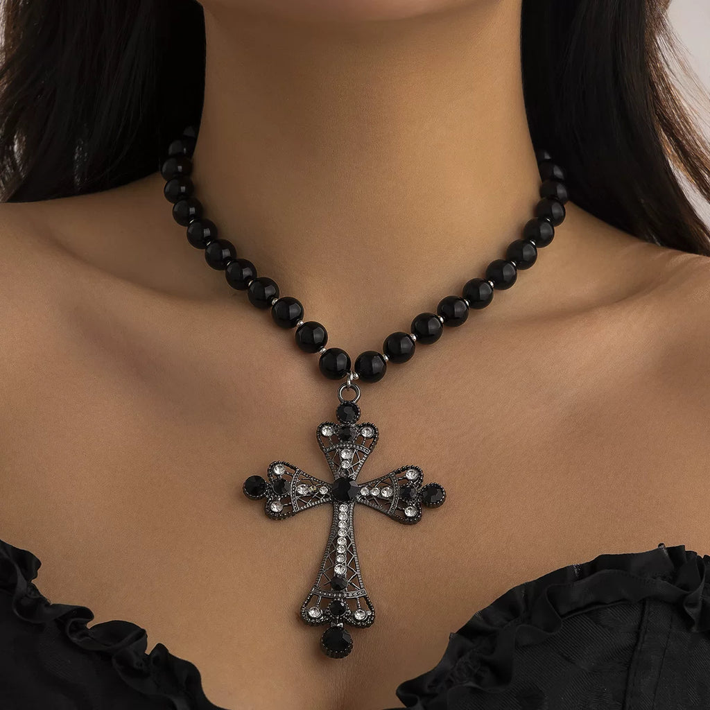Diamond-Style Cross Double Layer Acrylic Bead Necklace for Women – Clavicle Chain Design